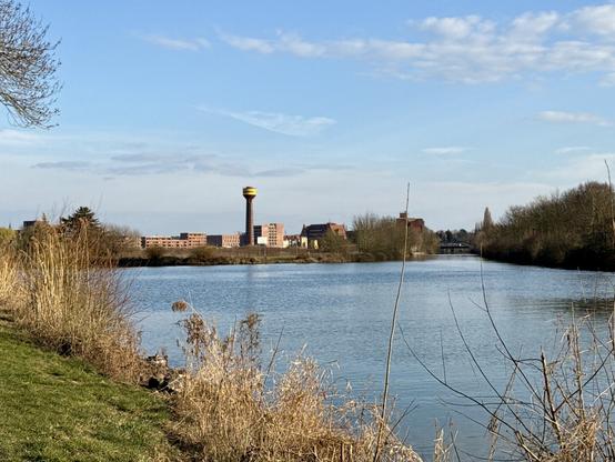 View over to where the canal splits, with new buildings in the background.