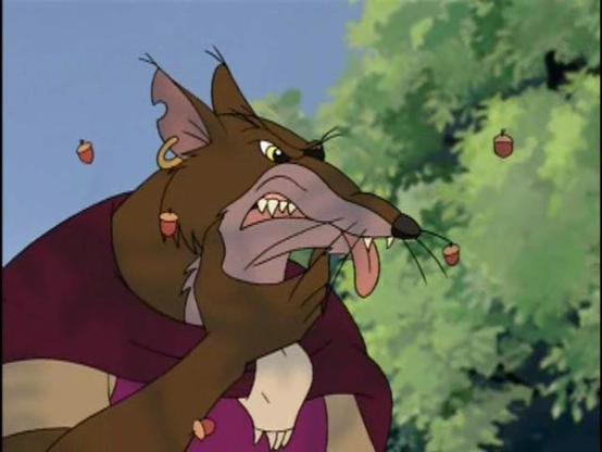 Screenshot of Cluny the Scourge from the Redwall cartoon choking on an acorn. He is putting his hand up to his neck while sticking his tongue out.