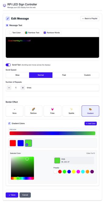 Text editor UI allows entering a text and colouring it. Also allows selecting a border for around the text with different effects like animated gradients. A color picker allows to pick the colours to be used for the border effect.