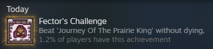 A screenshot of a Steam achievement called "Fector's Challenge" from Stardew Valley. The description reads: "Beat 'Journey Of The Prairie King' without dying. 1.2% of players have this achievement."
