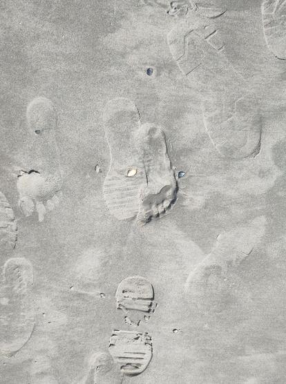 Das Foto zeigt, nahezu von senkrecht oben, eine Reihe von Fusspuren, verschiedene Schuhsohlenabdrücke, zwei Abdrücke nackter Füsse und wenige Muschelschalen. Die Herkunft - ob Sandkasten, Strand, oder Erdtrabant, das erschliesst sich aus dem Bild nicht  ;-)