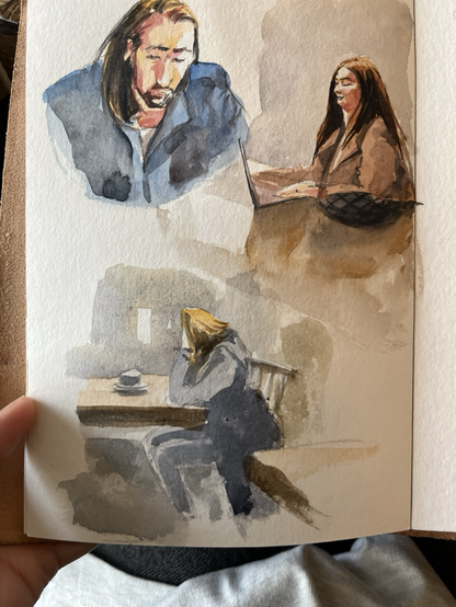 Sketch of a person with a coffee cup