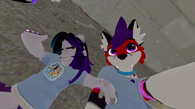 The image shows two anthropomorphic characters, one a wolf and the other possibly a cat or a similar creature, taking a selfie. The wolf, with red and white fur and purple hair, is holding the camera, while the other character, with purple hair and gray skin, is striking a pose with their tongue out. They are both wearing blue shirts. The setting appears to be a virtual environment, possibly a game or a social platform.