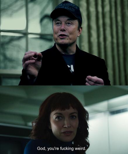 Elon’s dumb face wearing a dumb hat on the top photo and the scene from Severance with Helley R saying “God, you’re fucking weird.” on the bottom photo.