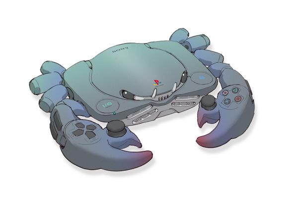 A Crustacean PlayStation, a Playstacean.
Illusion by Anh Dang of a grey crab that looks like a PlayStation One with controller buttons and joysticks on the claws
