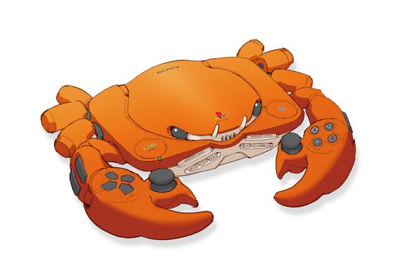 A Crustacean PlayStation, a Playstacean.
Illusion by Anh Dang of an orange crab that looks like a PlayStation One with controller buttons and joysticks on the claws.