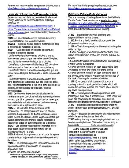Leyes de ciclismo de California – bicicletas
Este es un resumen de la sección sobre bicicletas del Código Vehicular de California.  /  California Vehicle Code - bicycles
This is a summary of the bicycle section of the California Vehicle Code.