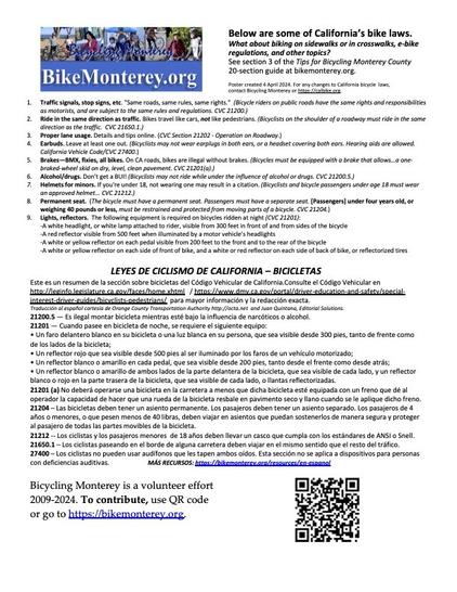 A bilingual (English-Spanish) summary announces: Below are some of California’s bike laws.
What about biking on sidewalks or in crosswalks, e-bike regulations, and other topics?
See section 3 of the Tips for Bicycling Monterey County 20-section guide at bikemonterey.org.