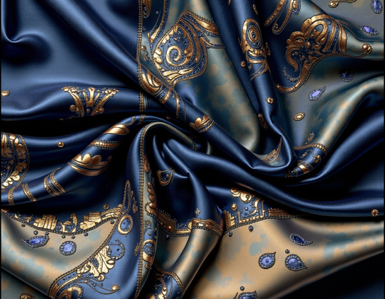 A richly embellished imaginary textile of royal blue and gold silk, featuring ornate appliqued patterns, luxuriously draped to highlight its shimmering metallic accents.