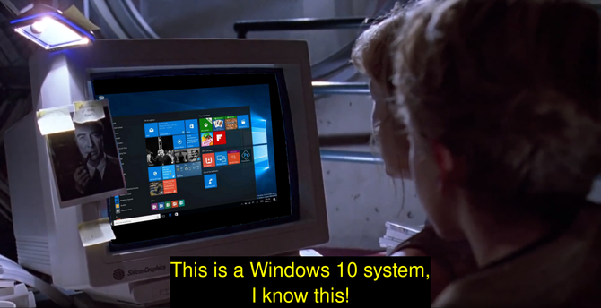 shot from Jurassic Park where Lex is sitting in front of the computer but it's not a unix system, it's a Windows 10 system