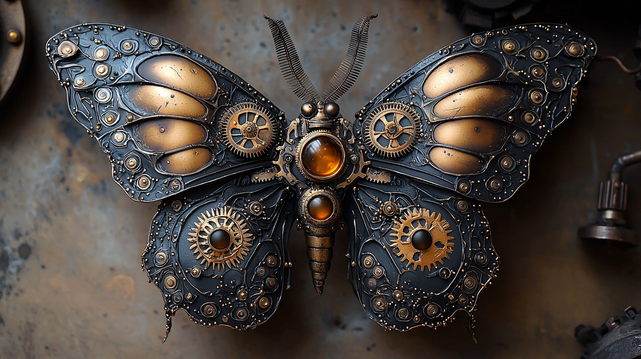 Métamorphose Mécanique
Papillon mécanique au design steampunk et gothique, orné de rouages dorés et de sphères lumineuses, dans une atmosphère industrielle raffinée.
Mechanical butterfly with a steampunk and gothic design, adorned with golden gears and glowing spheres, set in an elegant industrial atmosphere.