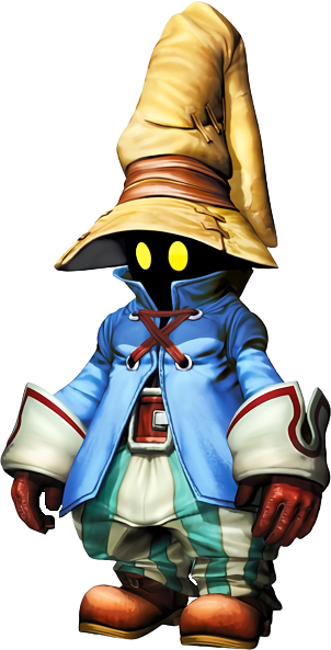 Full-body portrait of Vivi Ornitier, a black mage character from Final Fantasy IX (and later featured in other franchise titles). He is ~120 cm tall and wears a large pointy hat made of leather, with earthen colors of beige, khaki and desert sand, and a band of medium brown (note: I'm colorblind so feel free to correct me accordingly). The cutely oversized hat is patched up in several places, suggesting prolonged wear and tear, and the tip of the hat is so long that its weight has folded it from the middle to the back. His facial features remain a mystery, as you can only ever see his brightly glowing yellow oval eyes under the hat's wide brim, the rest of his head always depicted pitch black. The rest of his medieval high fantasy outfit features a light blue jacket with white sleeve cuffs and dark red highlights, belt and gloves and boots made of medium-dark leather, and jesterish trousers with turquoise and white stripes.