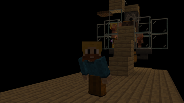 Minecraft dude (me) crouching in front of an improvised, temporary Piglin Bartering Station