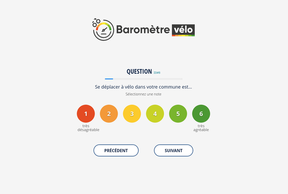 Interface du Baromètre vélo avec la question : "Se déplacer à vélo dans votre commune est..." et une échelle de 1 à 6, allant de "très désagréable" à "très agréable". Boutons "Précédent" et "Suivant" en bas.