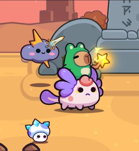 A cartoon capybara dressed in a frog onesie. He's riding a giant pink axolotl and holding a magic wand. Next to him are a little mushroom with icey spikes coming out of his top, and a cute little thunder cloud.