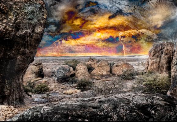 Mixed media artwork made by Francoise Vaal, depicting a spirit bear on the horizon in a rocky environment