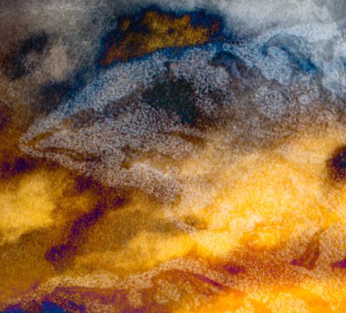 Detail of a leaf in the sky of a Mixed media artwork made by Francoise Vaal, 
depicting a spirit bear on the horizon in a rocky environment