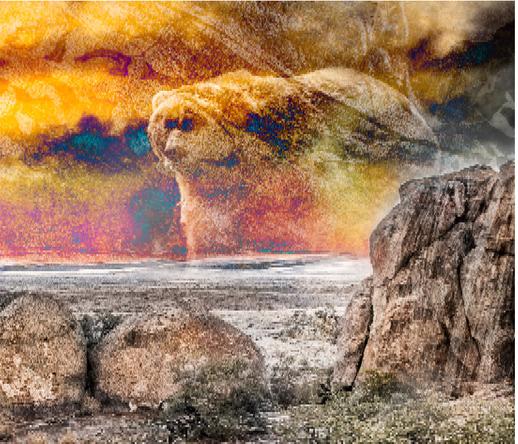 Closeup of a bear in a Mixed media artwork made by Francoise Vaal, depicting a spirit bear on the horizon in a rocky environment