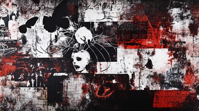 Fragments de Dissonance
Un collage chaotique mêlant textures, visages déformés et papillons noirs flottant dans un décor tourmenté. Les contrastes rouges, noirs et blancs créent une atmosphère angoissante, où se mêlent douleur, contrôle et subconscient brisé.
A chaotic collage blending textures, distorted faces, and black butterflies floating in a tormented setting. The red, black, and white contrasts create an unsettling atmosphere, intertwining pain, control, and a fractured subconscious.