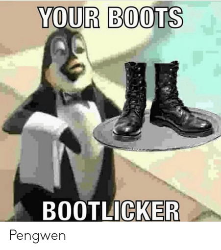 Shockingly low res image of a cartoon penguin dressed as a waiter handing the viewer some jack boots. 
Caption : "your boots, bootlicker"