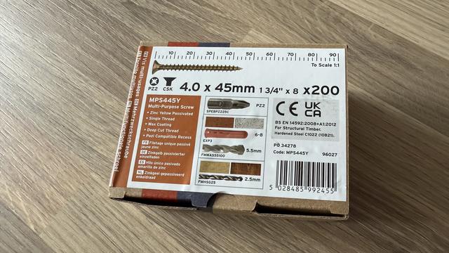 Box of screws, clearly showing dimensions in metric and imperial, contents count, 1:1 scale of size, materials, appropriate driver bit, and suitable drills bit types and sizes, and wall plug size range, for each type of surface.