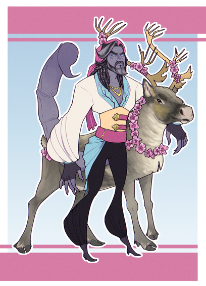 Drawing of a gray skinned man with scorpionlike features standing next to his pet reindeer. Both of them have flower themed decorations. The background is a bunch of pink stripes on a baby blue gradient.