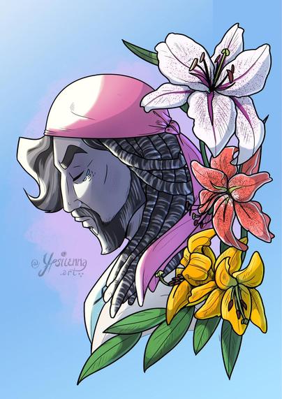 Side profile portrait of a gray skinned man with dreadlocks wearing a pink bandana. His eyes are closed and there is half a frame made of lilies behind him.