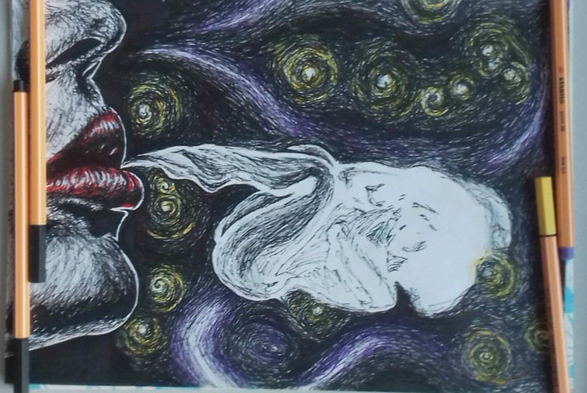 The same image, but with the smoke woman only partially drawn. There are coloured fineliner pens holding the image down. The same fineliners that were used to draw the image.