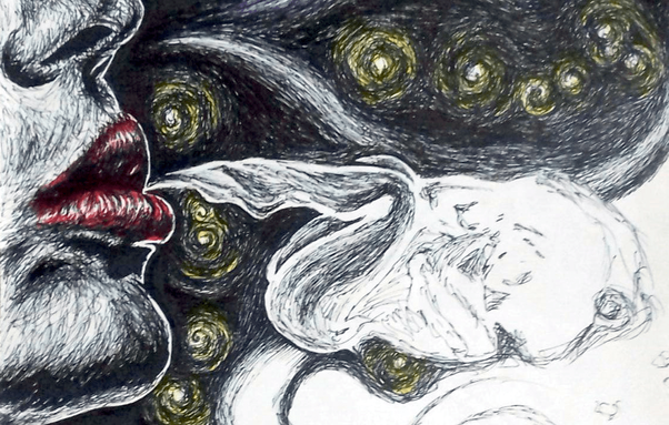 The same image, but with the smoke woman, the bottom right corner and the blue and purple light streaks missing.