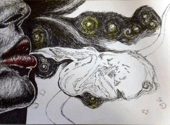 The same image with most of the sky missing. The closeup of the womans face is present, the top-left part of the sky is present. There are rough lines where the light streaks and stars are going to be placed.