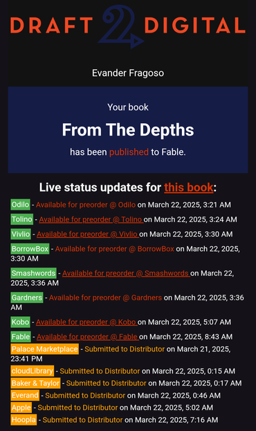 A status update page for the poetry book From The Depths, displaying places it is available for preorder at.