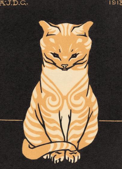 Vintage artwork of an orange cat to a vlack background