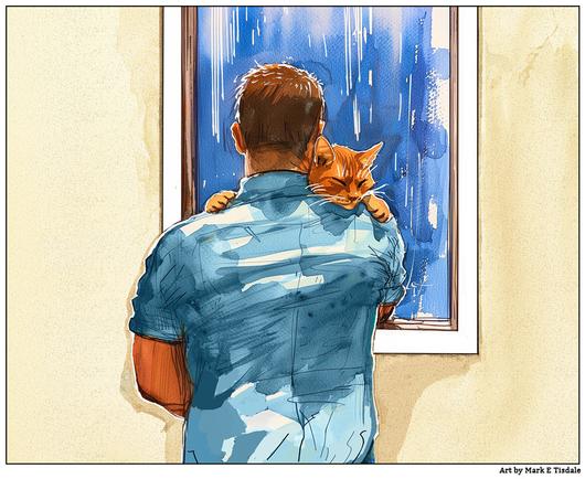 Digital art depicting a man in a blue shirt holding an orange tabby cat on his shoulder as he watches the rain. The cat rests its head contentedly against him.