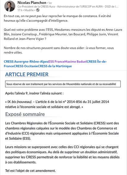 Article demandant la suppression des cress au parlement et réponse de président de la CRESS AURA