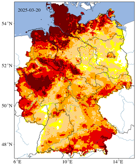 D-Karte in Farben.
Dunkelrot = Dürre im Oberboden.
D schon sehr trocken