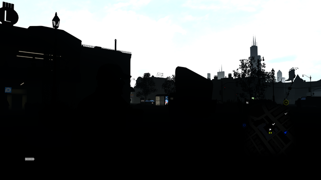 A screenshot of the Watch Dogs game where the sky is pure white and the world is pure black.