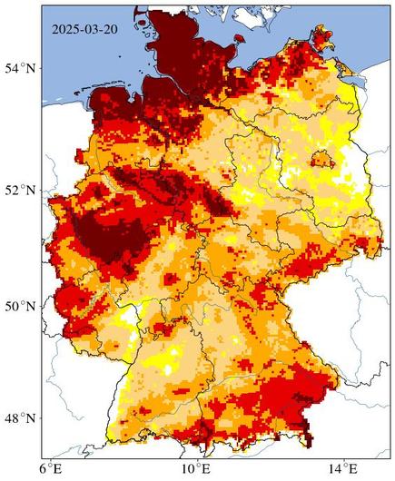 Dürre im Oberboden bis 25cm über die letzten 30 Tage am 20.03.2025:
ungewöhnlich trocken, moderate Dürre findet man noch in Teilen Brandenburgs, Sachsen-Anhalts, Ostniedersachsens, Westfrankens, Teilen Baden-Württembergs und Hessens oder Süd-Mechlenburg-Vorpommerns, sonst aber:
schwere Dürre und extreme Dürre in den Mittelgebirgen und Alpen, den NIederrhein entlang, eigentlich in ganz NRW, und Westrheinlanpfalz wie Nordsaarland.
Außergewöhnliche Dürre herrscht jetzt schon in NRW, Südniedersachsen, Teilen der Alpen, und vor allem an den Küsten und in ganz Schleswig-Holstein.