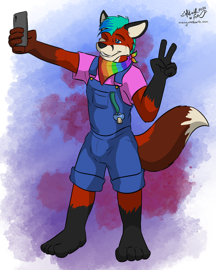 Maxie, an anthro redfox in typical fox colors, except for their striking blue eyes, colorful and ever-changing hair and a lighter colored right hand, is taking a selfie of themselves with their phone, striking a silly pose.
They are dressed in blue shortalls, with a noticeable outline of a diaper worn underneath, pink t-shirt and a rainbow colored bandana. A pacifier is clipped to their shortalls.