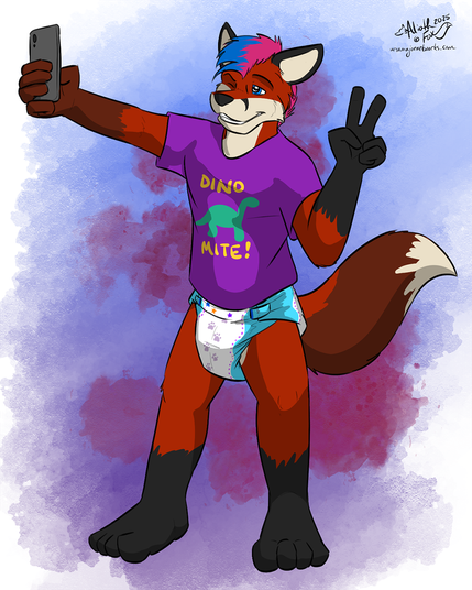 Maxie, an anthro redfox in typical fox colors, except for their striking blue eyes, colorful and ever-changing hair and a lighter colored right hand, is taking a selfie of themselves with their phone, striking a silly pose.
They are dressed in a playful purple shirt with a comic style dinosaur and the Words "Dino-Mite" printed on the front and a diaper with pawprints and teal sides.