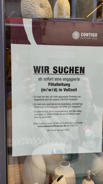 Foto einer Stellenbeschreibung des CONTIGO in Marburg, gesucht wird ab sofort eine engagierte Fillialleitung.
