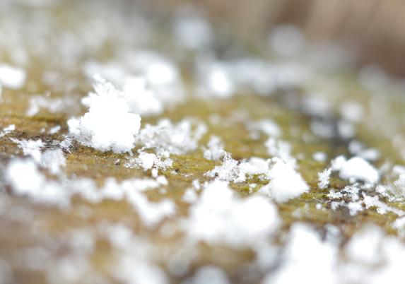 Hexogonal hailstones ans snowflakes on a log