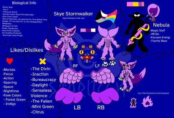 A purple furred four eyed fox with feathery wings who uses a magic staff and is made of pure energy.