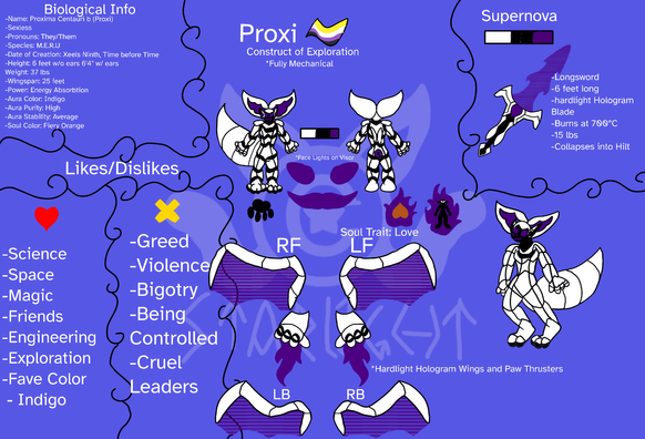 A white plated mechanical being who has indigo accents and facial lights witth hologram wings and a hologram sword.