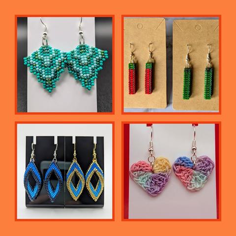 A collage with four photos of earrings I've made shown against an orange background. 

Top Left: Turquoise and green peyote arrows
Top Right: New Mexico Chile themed earrings in red and green cubic pillars 
Bottom Left: Two pairs of twisted peyote earrings; one in two shades of blue and the other in gold and blue
Bottom Right: pastel rainbow crochet heart earrings