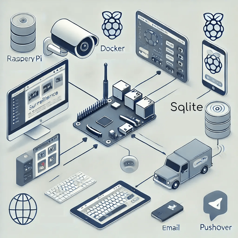 The image shows a video surveillance system built with a Raspberry PI