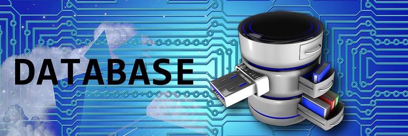 A background of logic cirtcuits, with a large database symbol extruding drawers containing file folders, books, and hard drives representing data. The word "DATABASE" is overlaid on the left hand side.