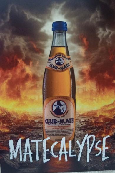 Matecalypse - Club-Mate bottle surrounded by lava and clouds.