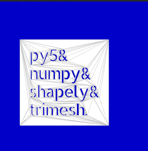 a 3D mesh slab with holes with the text below in a stencil font:
py5&
numpy&
shapely&
trimesh.