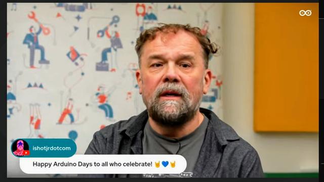 Massimo on the livestream with my "Happy Arduino Days to all who celebrate! 🤘💙🤘" comment below
