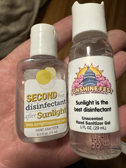 Photo of bottles of hand sanitizer with quotes about sunlight being a disinfectant